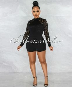 Vendor-unknown Lola Black Lace Sheer Sleeves Romper JUST IN