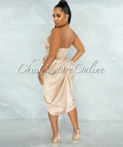Chic Couture Online Esther Champagne Front Draped Hi-Lo Satin Midi Dress JUST IN