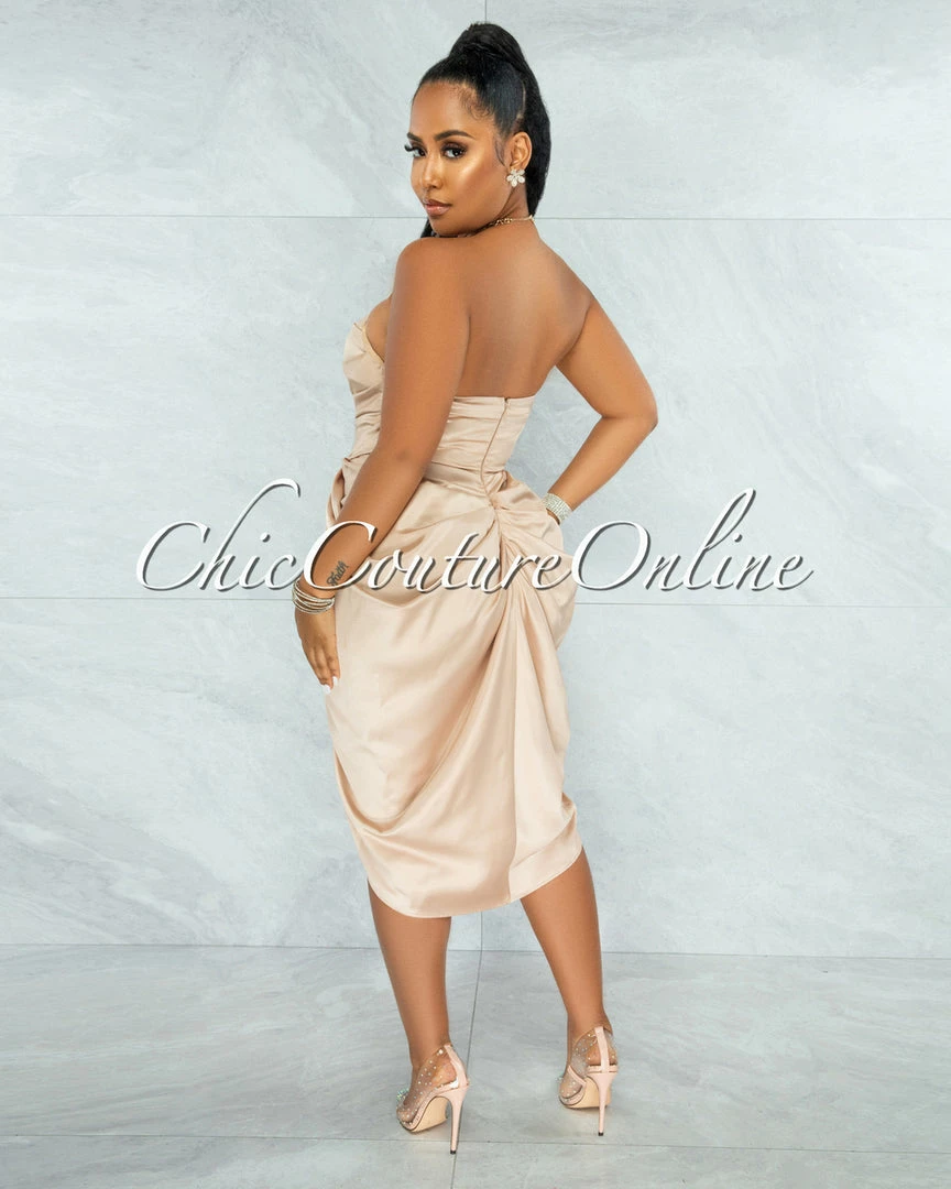 Chic Couture Online Esther Champagne Front Draped Hi-Lo Satin Midi Dress JUST IN