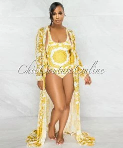 Vendor-unknown JUST IN Laurence White Gold Print Swimsuit & Cover-up Set