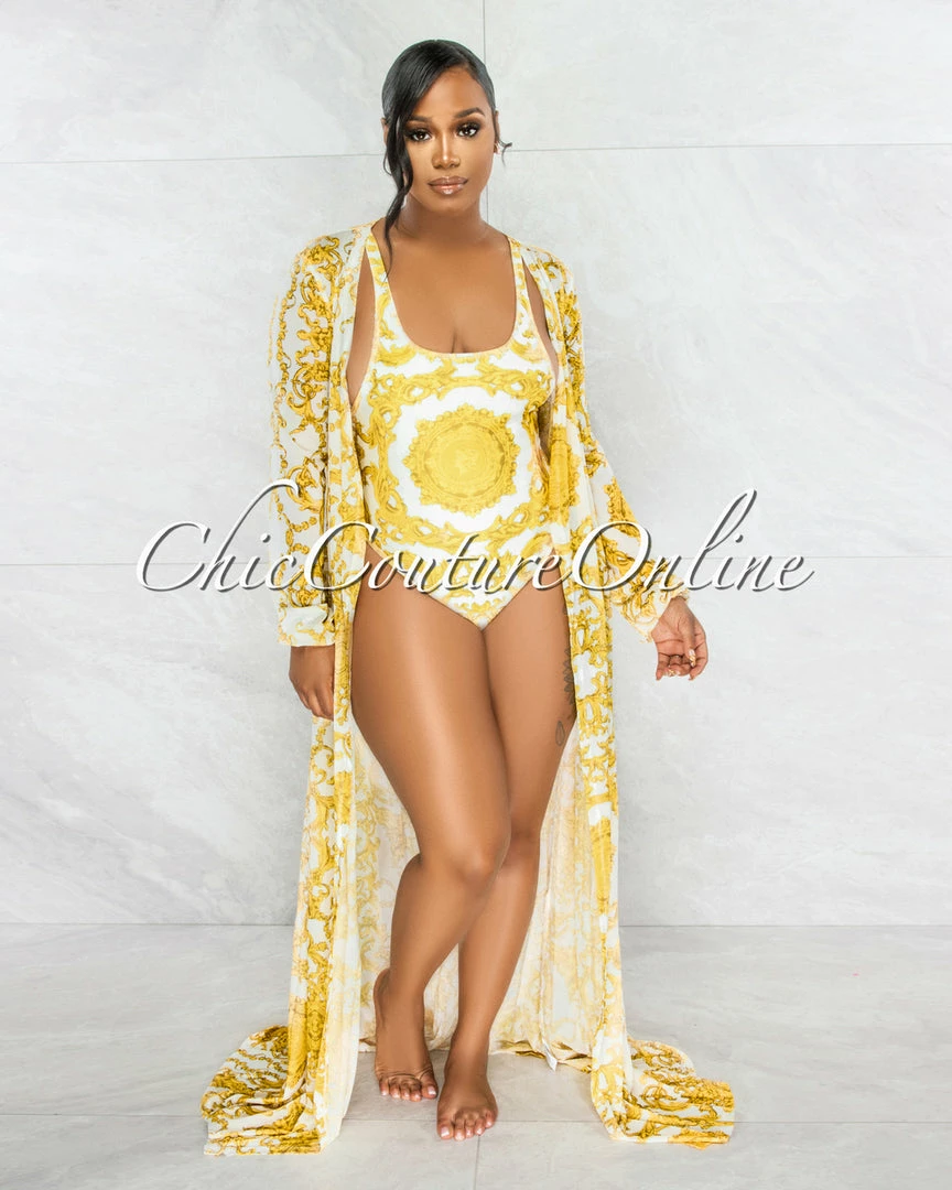 Vendor-unknown JUST IN Laurence White Gold Print Swimsuit & Cover-up Set