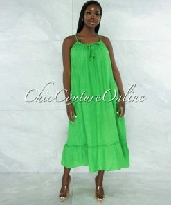 Vendor-unknown JUST IN Nassar Kelly Green Braid Straps Ruffle Hem Maxi LINEN Dress