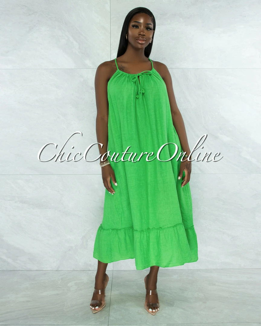 Vendor-unknown JUST IN Nassar Kelly Green Braid Straps Ruffle Hem Maxi LINEN Dress