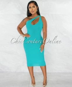 Chic Couture Online Abasi Seagreen Key-Hole Double Lined Midi Dress