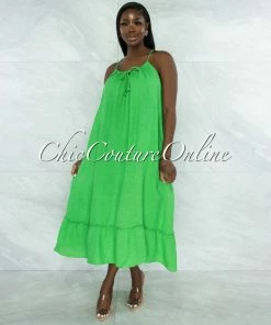 Vendor-unknown JUST IN Nassar Kelly Green Braid Straps Ruffle Hem Maxi LINEN Dress