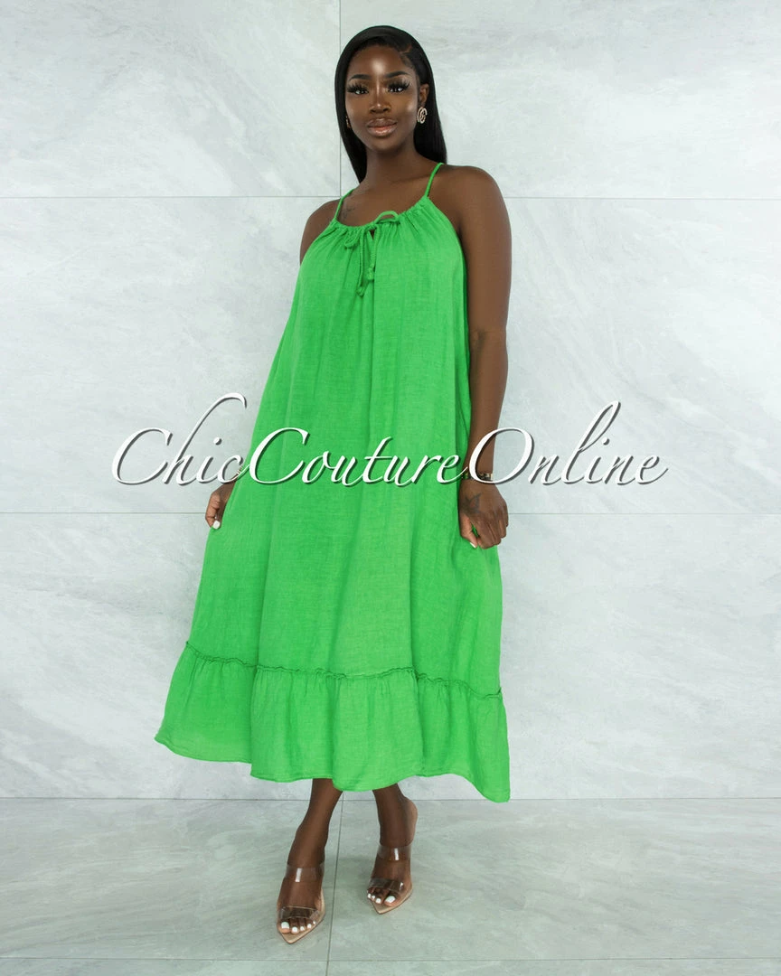 Vendor-unknown JUST IN Nassar Kelly Green Braid Straps Ruffle Hem Maxi LINEN Dress
