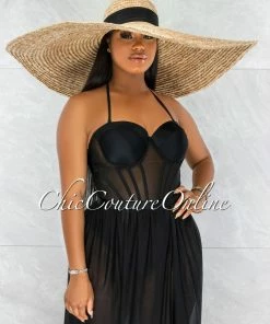 Vendor-unknown JUST IN Ladya Natural Black Oversized Brim Straw Floppy Hat
