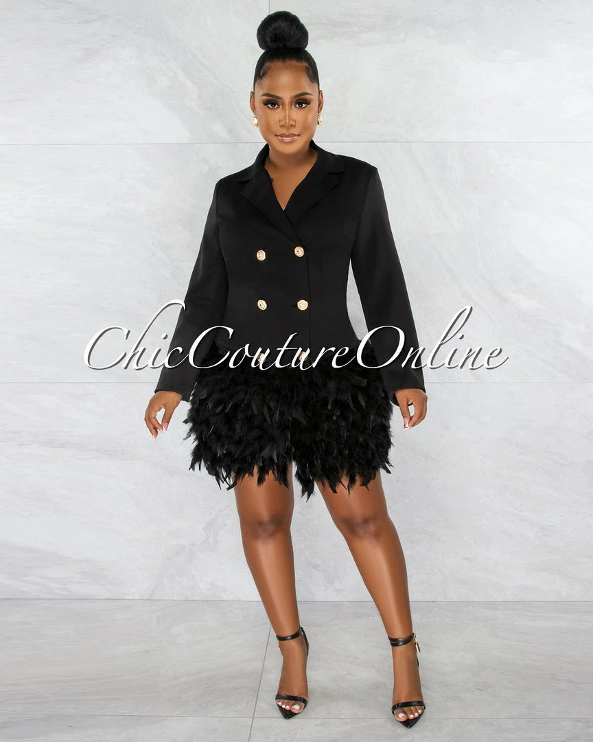 Chic Couture Online Thirza Black Gold Buttons Trench Feathers Hem Dress