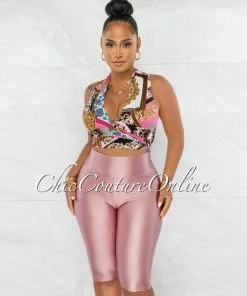 Chic Couture Online Clorissa Pink Print Tie Top & Rose Biker Shorts Set JUST IN