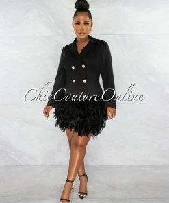 Chic Couture Online Thirza Black Gold Buttons Trench Feathers Hem Dress