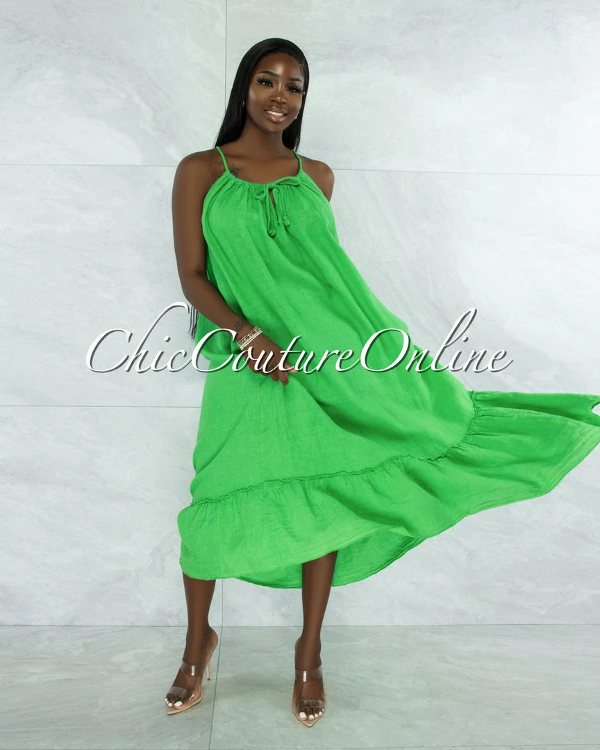 Vendor-unknown JUST IN Nassar Kelly Green Braid Straps Ruffle Hem Maxi LINEN Dress