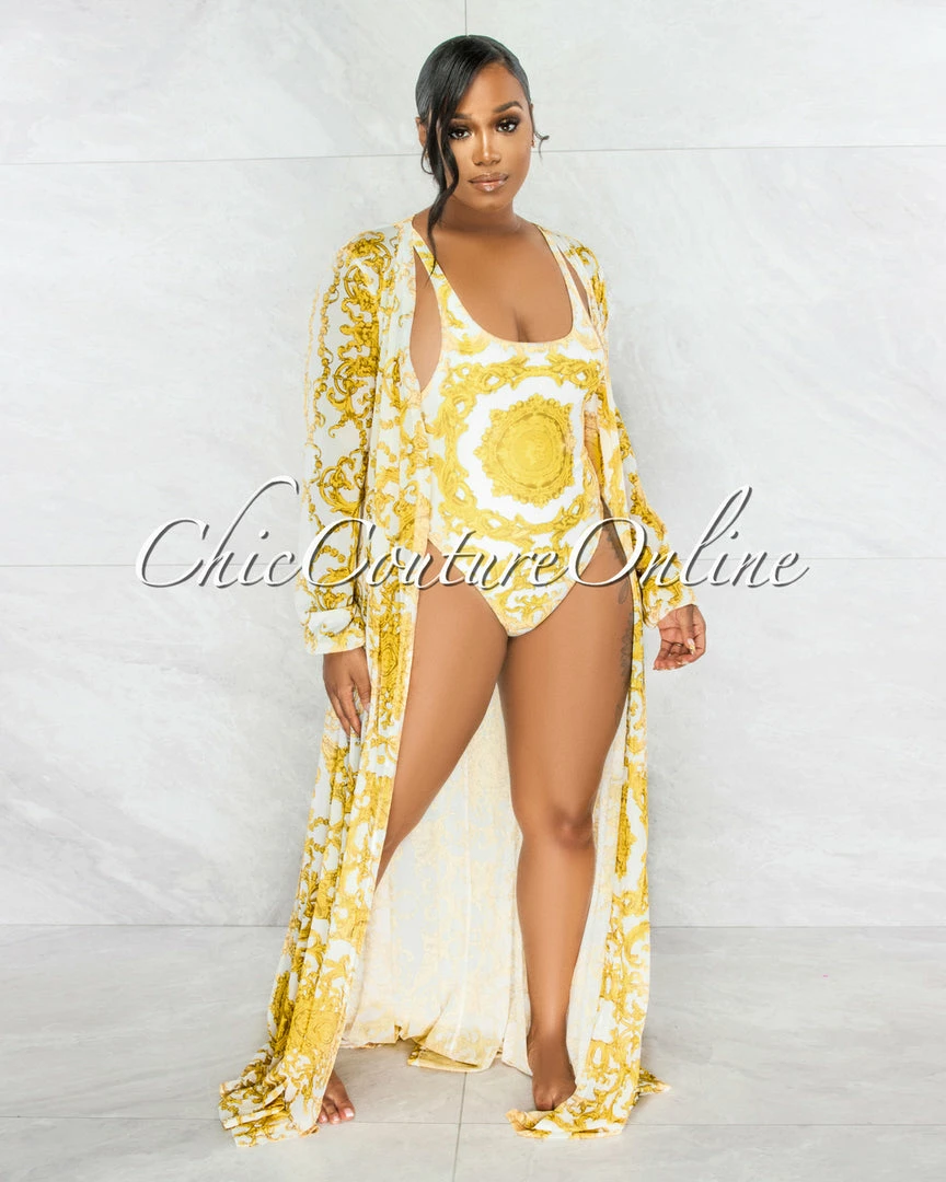 Vendor-unknown JUST IN Laurence White Gold Print Swimsuit & Cover-up Set