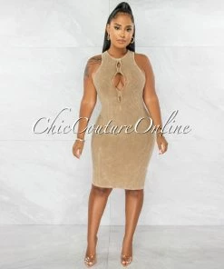 Chic Couture Online Sephora Nude Washed Front Key-Hole Ribbed Dress