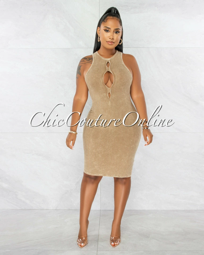 Chic Couture Online Sephora Nude Washed Front Key-Hole Ribbed Dress