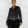Chic Couture Online Thirza Black Gold Buttons Trench Feathers Hem Dress
