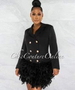 Chic Couture Online Thirza Black Gold Buttons Trench Feathers Hem Dress