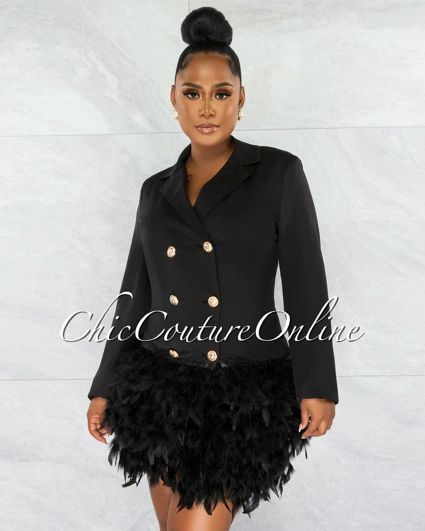 Chic Couture Online Thirza Black Gold Buttons Trench Feathers Hem Dress