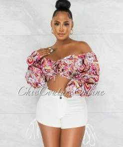Chic Couture Online JUST IN Angela Fuchsia Floral Print Front Lace-Up Crop Top