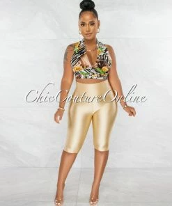 Chic Couture Online Hudda Nude Print Tie Top & Gold Biker Shorts Set