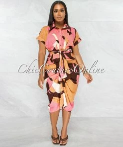 Vendor-unknown Jeriah Salmon Brown Drape Self-Tie Belt Shirt Midi Dress
