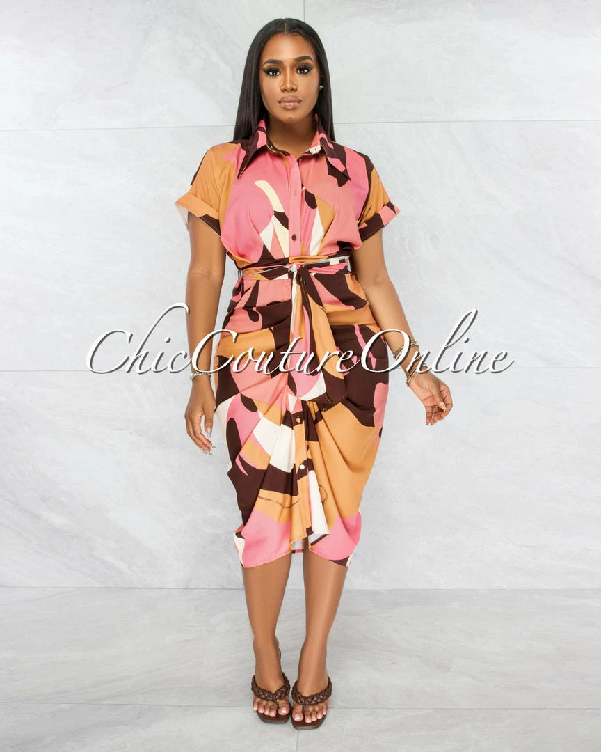 Vendor-unknown Jeriah Salmon Brown Drape Self-Tie Belt Shirt Midi Dress