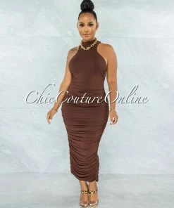 Vendor-unknown Numair Brown Mock Neckline Ruched Maxi Dress