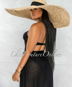 Vendor-unknown JUST IN Ladya Natural Black Oversized Brim Straw Floppy Hat