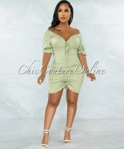 Vendor-unknown JUST IN Chike Sage Green Smocked Ruched Dress