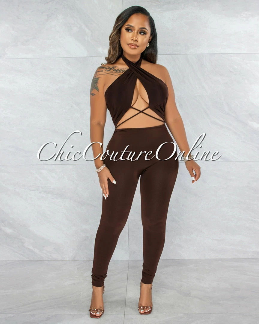 Vendor-unknown JUST IN Antle Brown Front Crossed Double Lined Jumpsuit