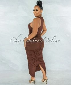 Vendor-unknown Numair Brown Mock Neckline Ruched Maxi Dress