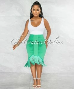 Vendor-unknown Peleka Kelly Green Drape Fringe Hem Midi Skirt