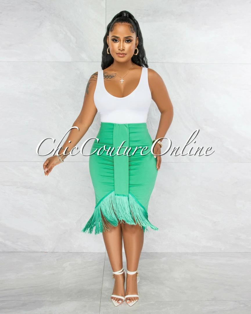 Vendor-unknown Peleka Kelly Green Drape Fringe Hem Midi Skirt