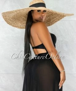 Vendor-unknown JUST IN Ladya Natural Black Oversized Brim Straw Floppy Hat