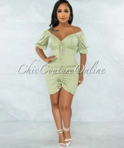 Vendor-unknown JUST IN Chike Sage Green Smocked Ruched Dress
