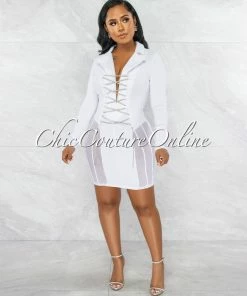 Vendor-unknown JUST IN Ashira White Rhinestones Lace-Up Mesh Accent Dress