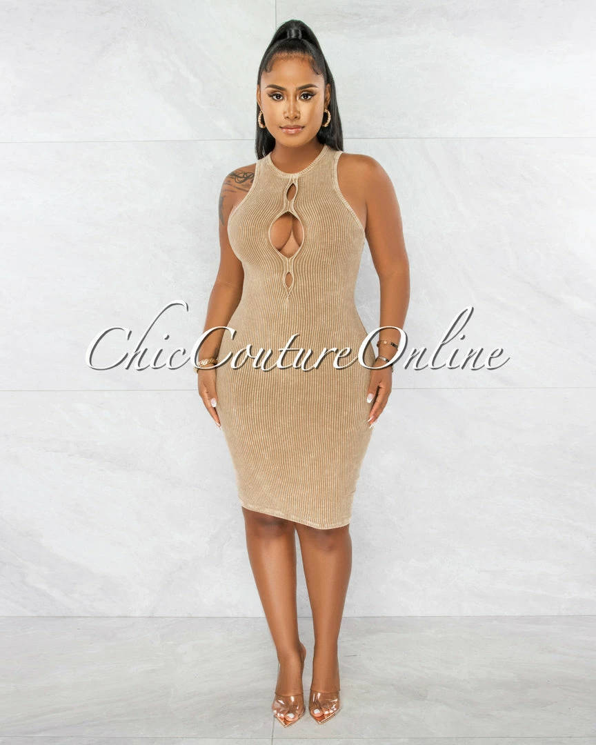 Chic Couture Online Sephora Nude Washed Front Key-Hole Ribbed Dress