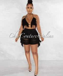 Chic Couture Online JUST IN Columbia Black Crochet Fringe Cover-Up Shorts Set