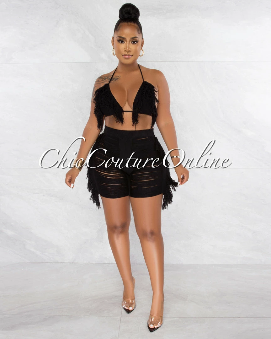 Chic Couture Online JUST IN Columbia Black Crochet Fringe Cover-Up Shorts Set