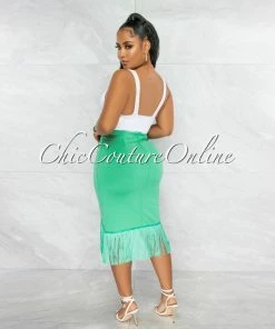 Vendor-unknown Peleka Kelly Green Drape Fringe Hem Midi Skirt