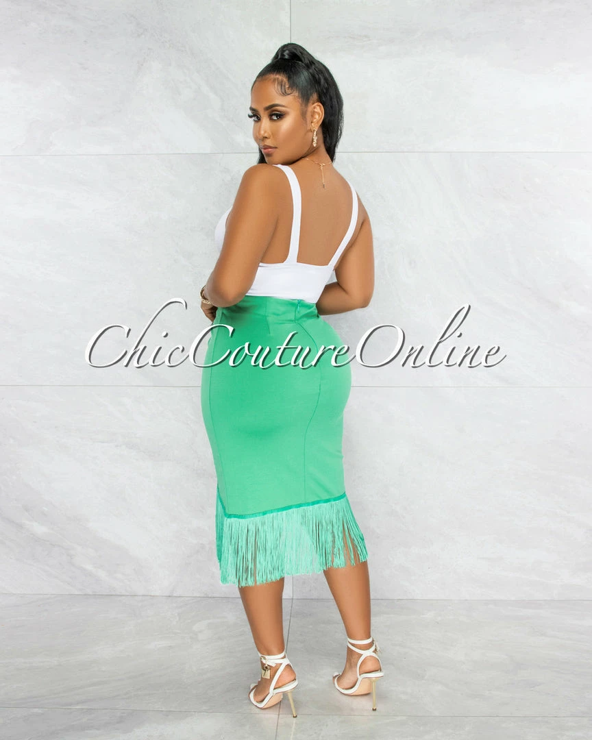 Vendor-unknown Peleka Kelly Green Drape Fringe Hem Midi Skirt