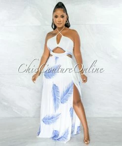 Chic Couture Online Nasha White Blue Palm Print Cut-Out Maxi Dress