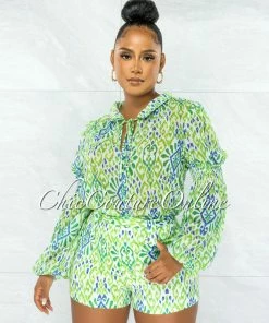 Chic Couture Online JUST IN Slater White Green Print Sheer Blouse & Mini Shorts Set