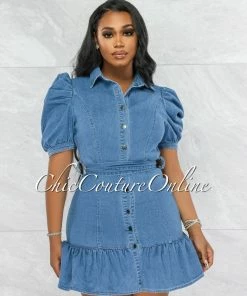 Vendor-unknown JUST IN Raven Medium Denim Bubble Sleeves Ruffle Dress