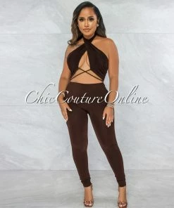 Vendor-unknown JUST IN Antle Brown Front Crossed Double Lined Jumpsuit