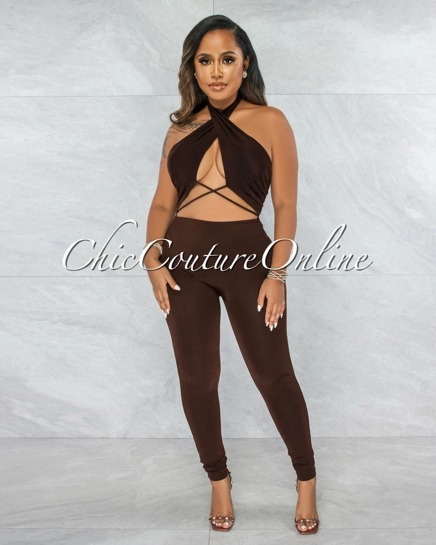 Vendor-unknown JUST IN Antle Brown Front Crossed Double Lined Jumpsuit