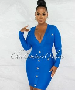 Chic Couture Online JUST IN Omega Royal Blue Gold Buttons Décor Bandage Dress