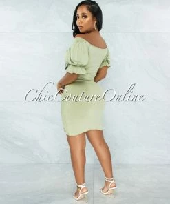 Vendor-unknown JUST IN Chike Sage Green Smocked Ruched Dress