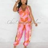 Chic Couture Online Cefania Pink Orange Print Cowl Neckline Leg Slits Jumpsuit JUST IN