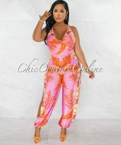 Chic Couture Online Cefania Pink Orange Print Cowl Neckline Leg Slits Jumpsuit JUST IN