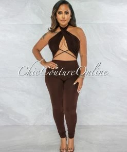 Vendor-unknown JUST IN Antle Brown Front Crossed Double Lined Jumpsuit